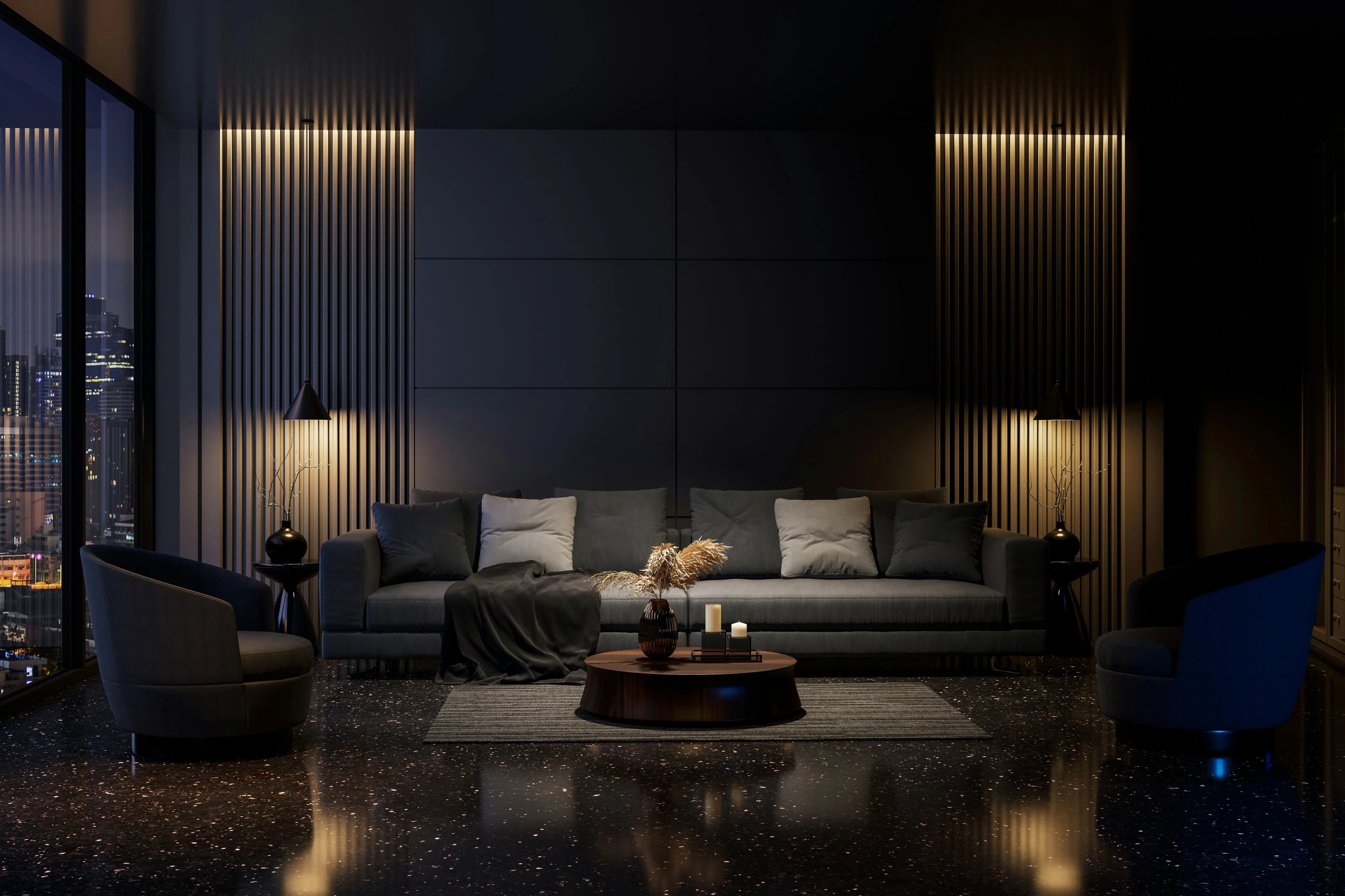 Sentinel-equipped living space at night